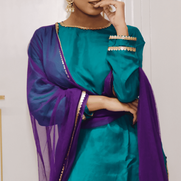 Teal Green Silk Suit set, with Net Dupatta.