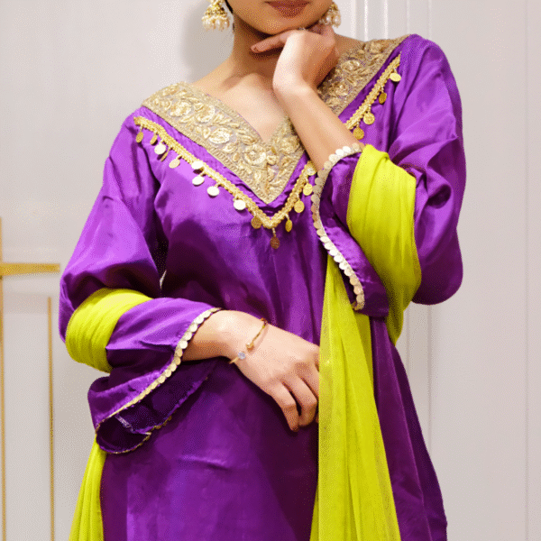 Purple Silk Suit Set, with Net Dupatta.
