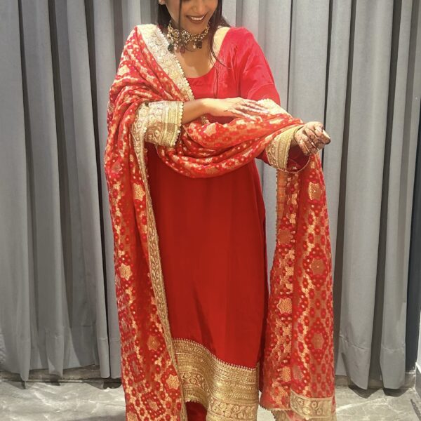 Pure Red crepe Suit, with Dupatta